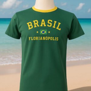 Camiseta Masculina Brasil Florianópolis – Estampada – Verde com Gola Amarela