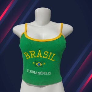 Cropped Feminino Brasil Bordado – Alça Fina Verde/Amarelo