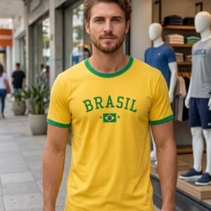 Camiseta Masculina Brasil – 100% Algodão – Amarela